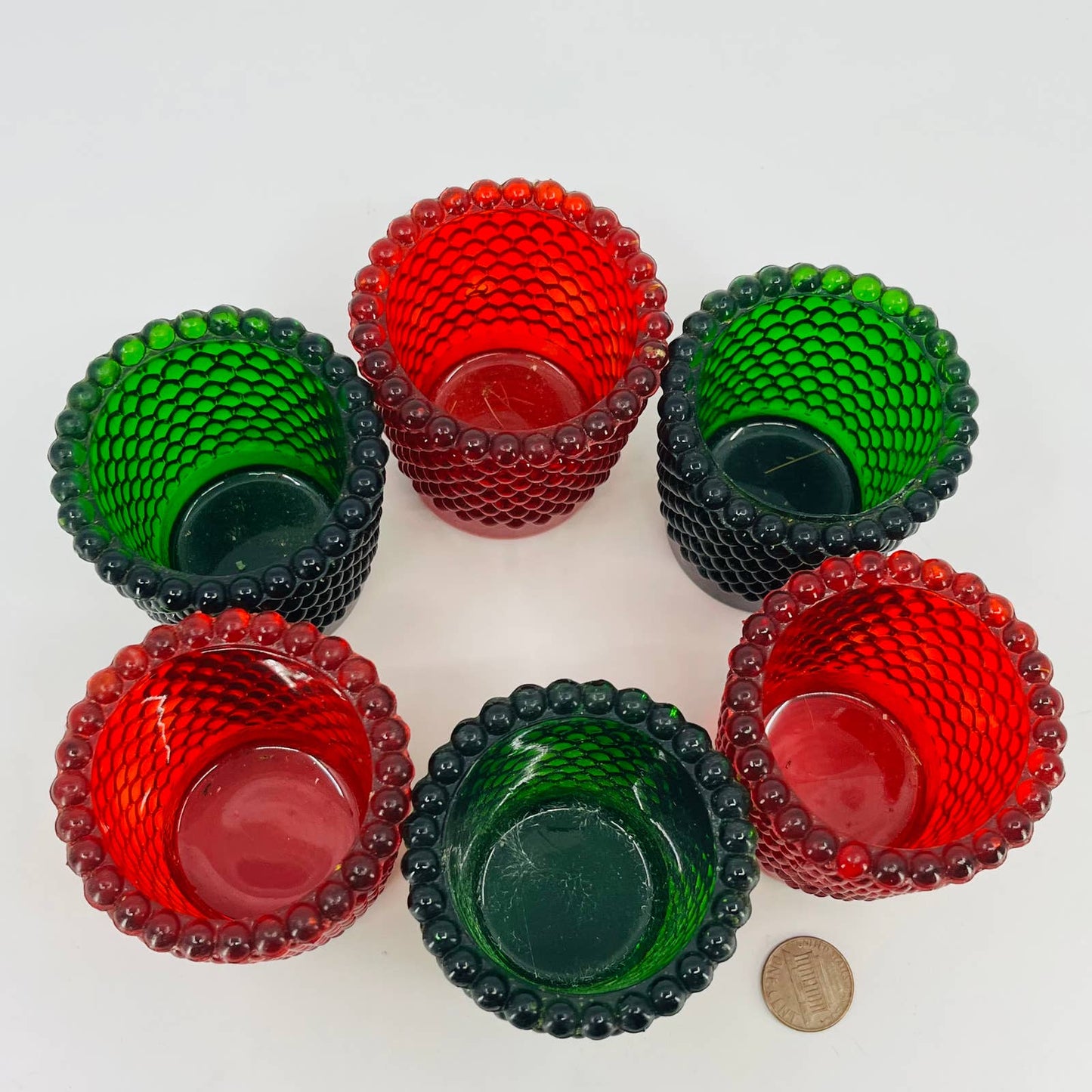 SET OF 6 Red & Green Christmas Holiday Hobnail Glass Votive Candle Holder TD3-2