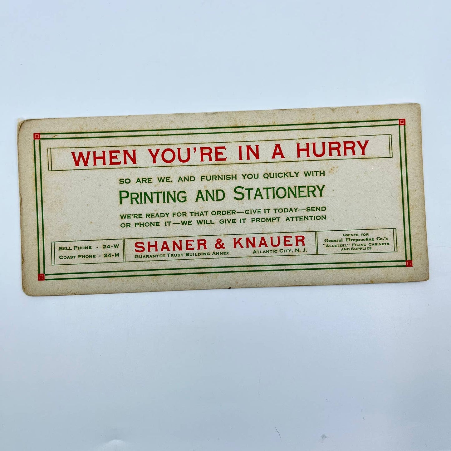 1930s Blotter Card Shaner & Knauer Printing & Stationary Atlantic City NJ SC8