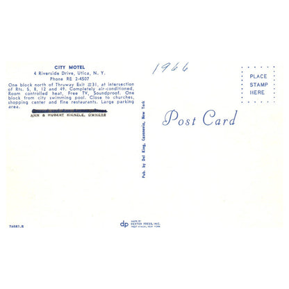 City Motel Riverside Drive Utica NY Ann & Hubert Kienzle 1966 - Postcard TJ8-2