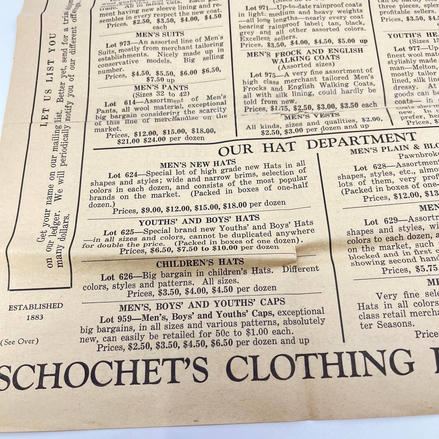 c1920 Schochet’s Clothing Exchange Pawnbroker Fold Out Price List Ad NYC NY AA8