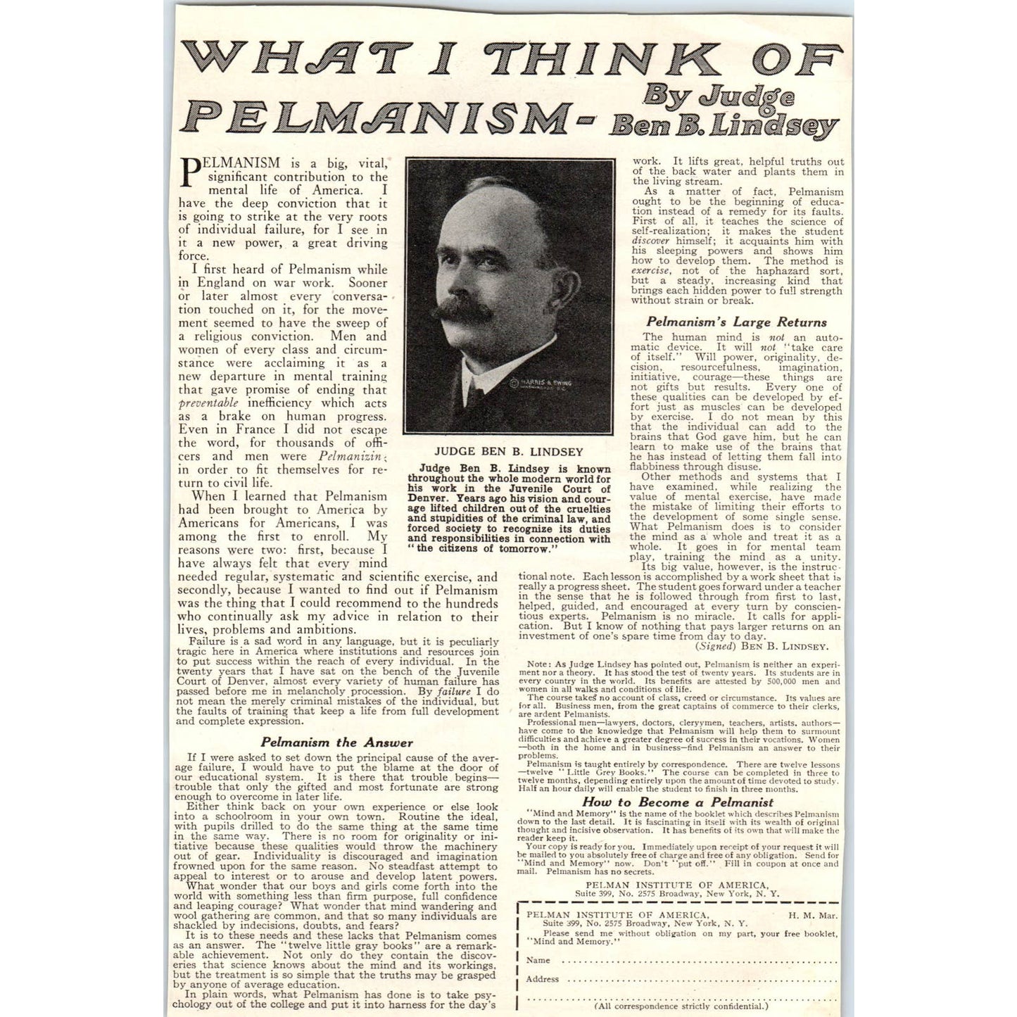 c1920 Harper's Magazine Ad What I think of Pelmanism Judge Ben B. Lindsey TF6-1
