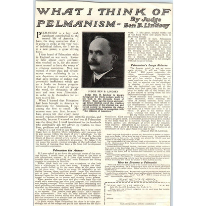 c1920 Harper's Magazine Ad What I think of Pelmanism Judge Ben B. Lindsey TF6-1