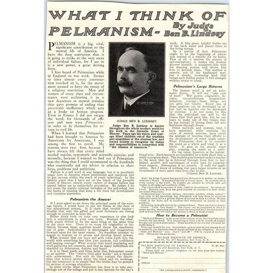 c1920 Harper's Magazine Ad What I think of Pelmanism Judge Ben B. Lindsey TF6-1