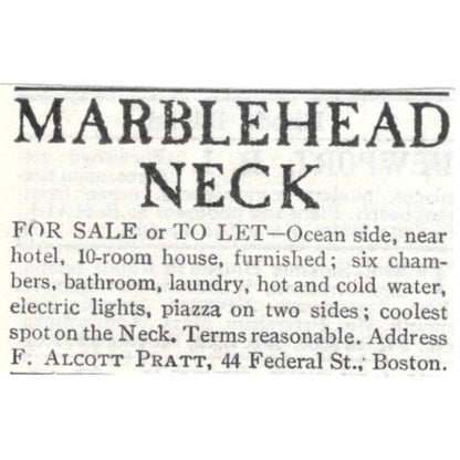 Marblehead Neck Home For Sale/Rent F. Alcott Pratt Boston MA - 1903 Ad TJ8-7-5