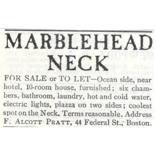 Marblehead Neck Home For Sale/Rent F. Alcott Pratt Boston MA - 1903 Ad TJ8-7-5