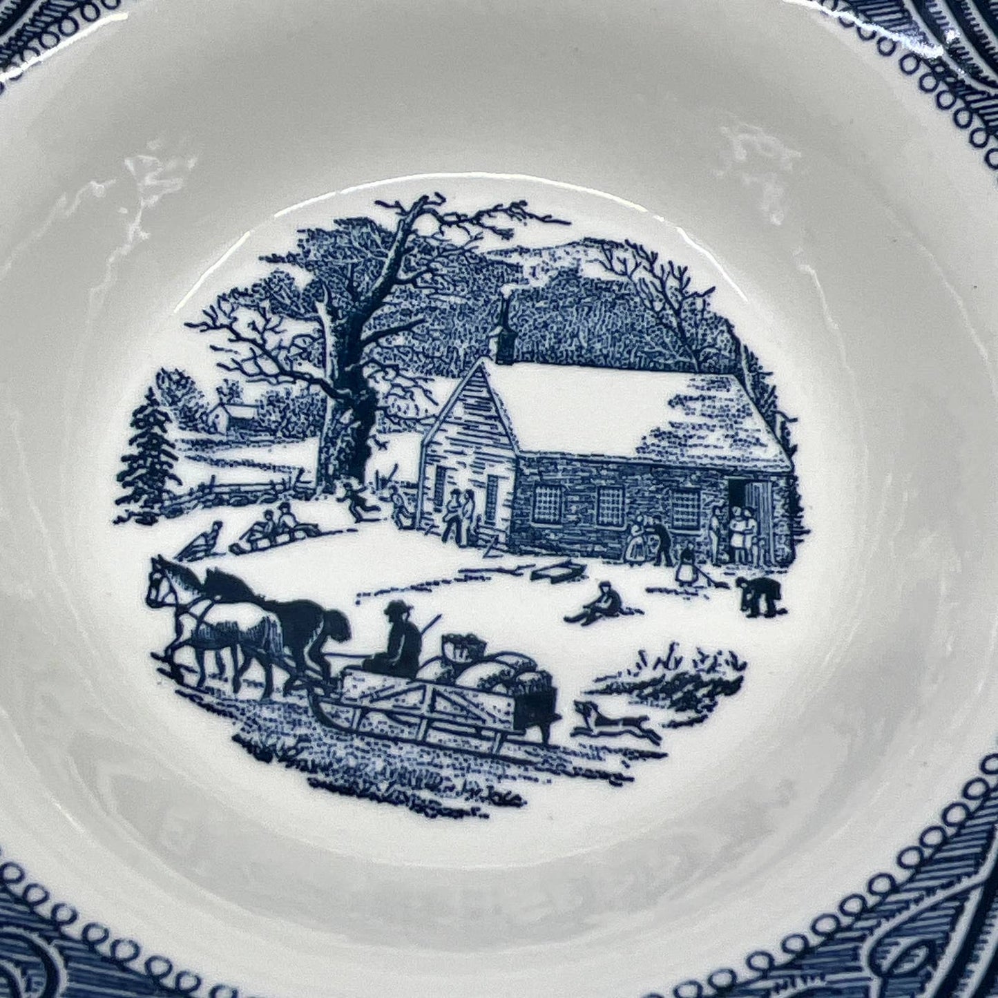 Currier and Ives Bowl Early Winter Schoolhouse Horse Buggy 6 1/4" Blue TI3-2
