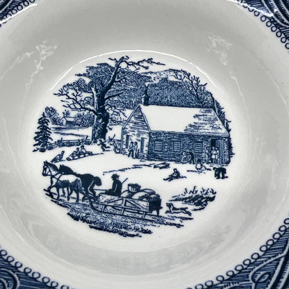 Currier and Ives Bowl Early Winter Schoolhouse Horse Buggy 6 1/4" Blue TI3-2