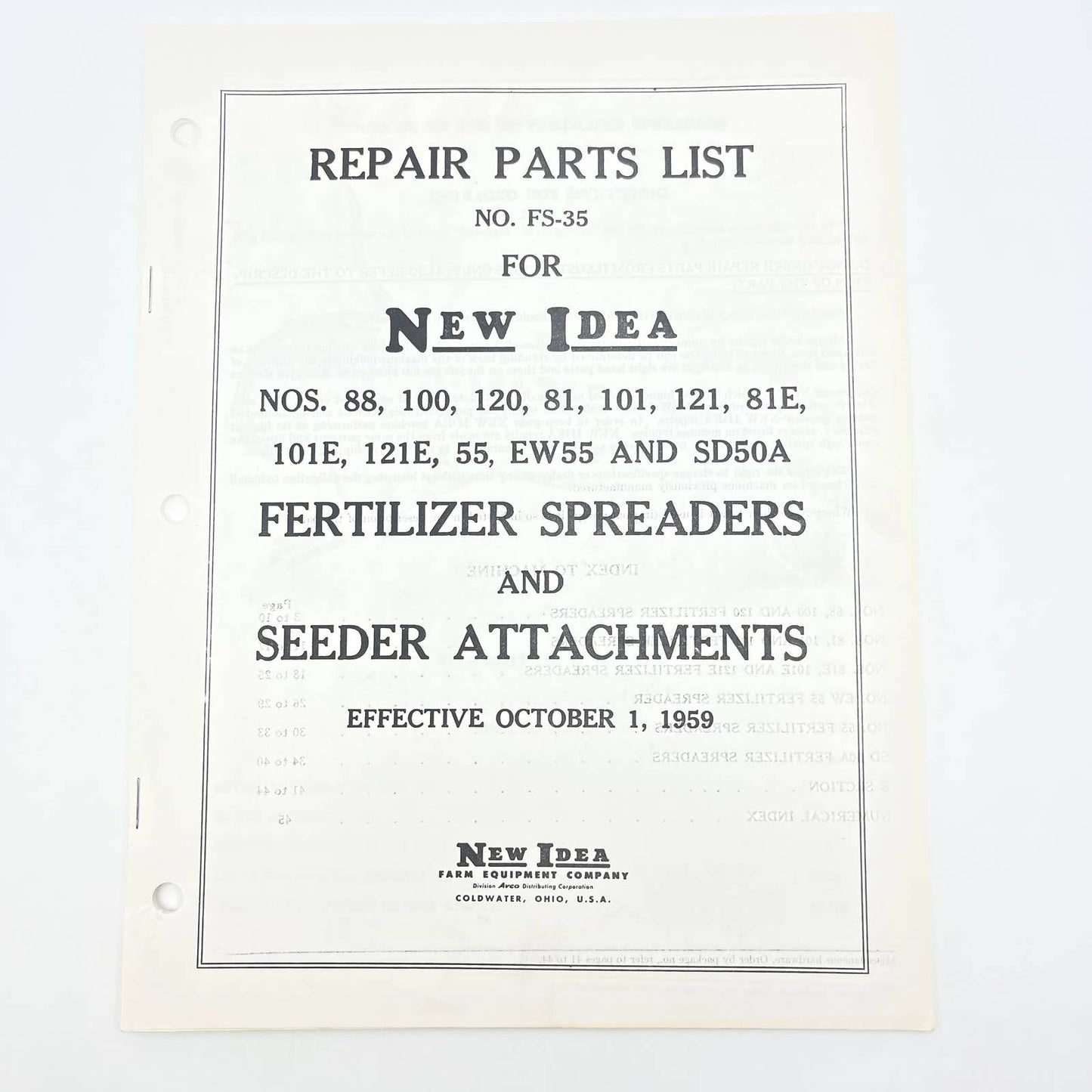 Original 1959 New Idea Parts List FS-35 Fertilizer Spreaders & Seeders TB9