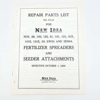 Original 1959 New Idea Parts List FS-35 Fertilizer Spreaders & Seeders TB9