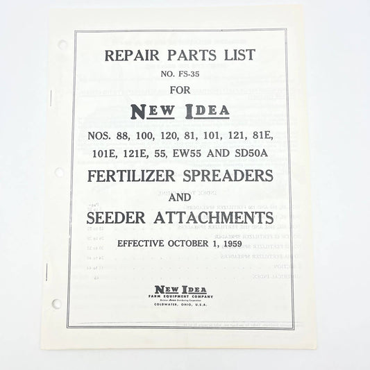 Original 1959 New Idea Parts List FS-35 Fertilizer Spreaders & Seeders TB9