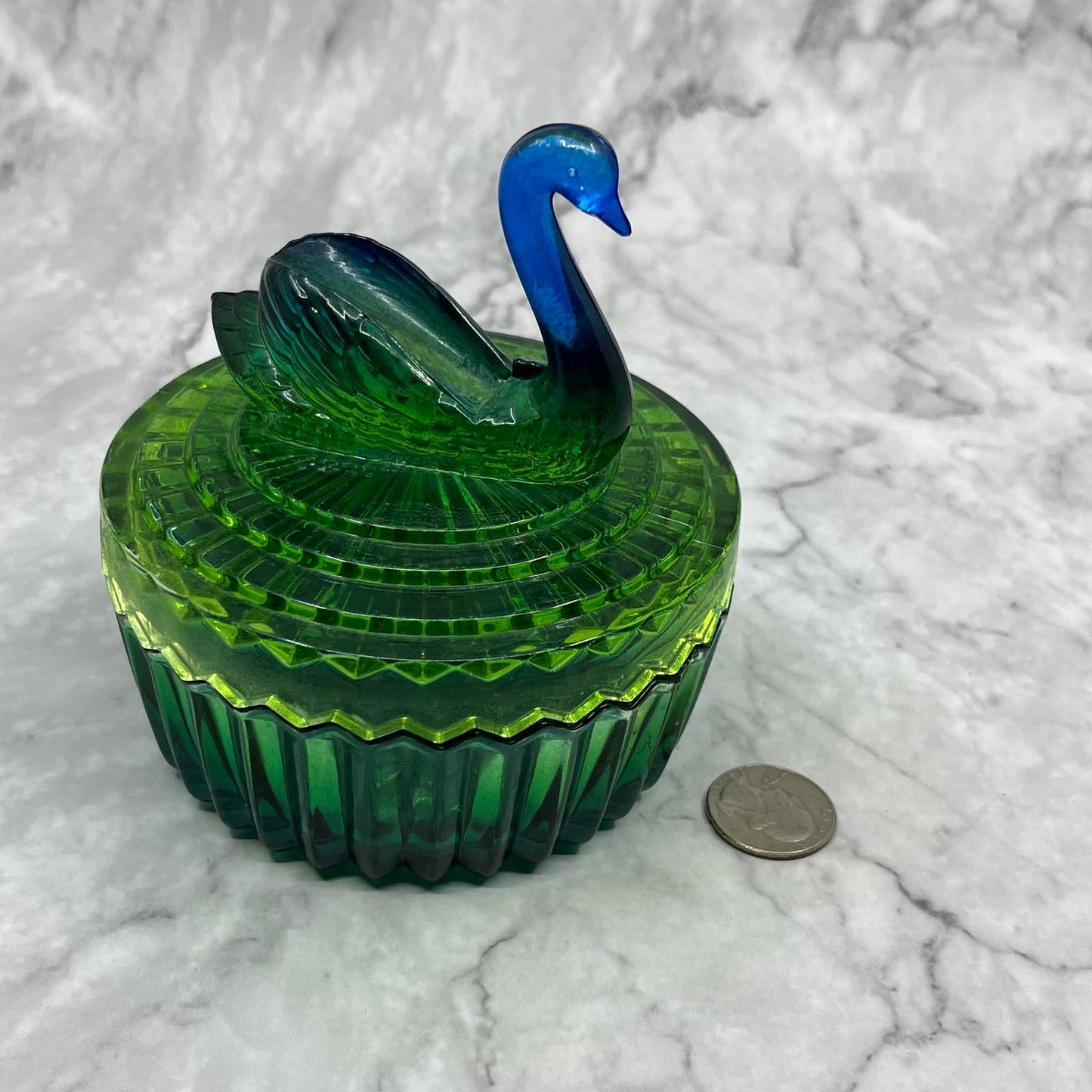 1950s Jeanette Blue Green Ombre Glass Swan Covered Powder Jar Dish TD6