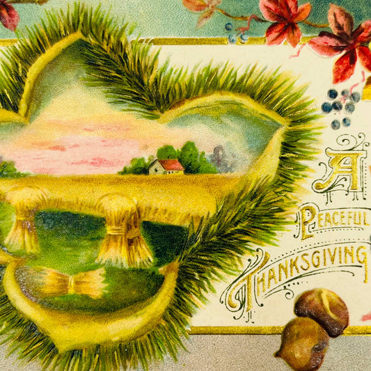 1912 Thanksgiving Post Card Farmhouse Chestnuts Berries Flowers John Winsch PA3