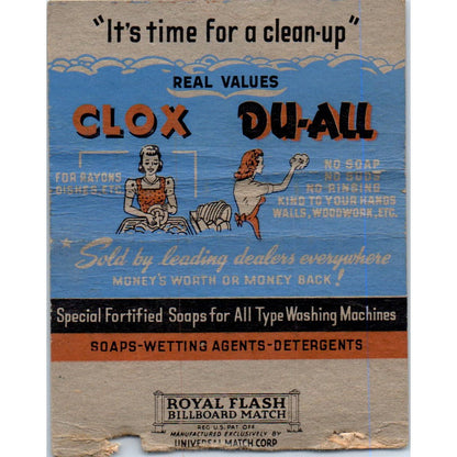 Clox Dish-Nu Du-All Cleaning Products Wide Advertising Matchbook Cover SA9-M7