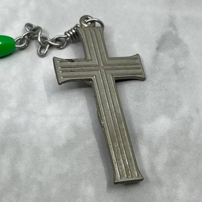 Vintage Rosary With Green Oval Beads Crucifix Sacred Heart Catholic SE8