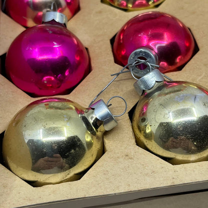 Coby 12 Vintage 1 3/4" Mercury Glass Ornaments Original Box Red Gold OT1