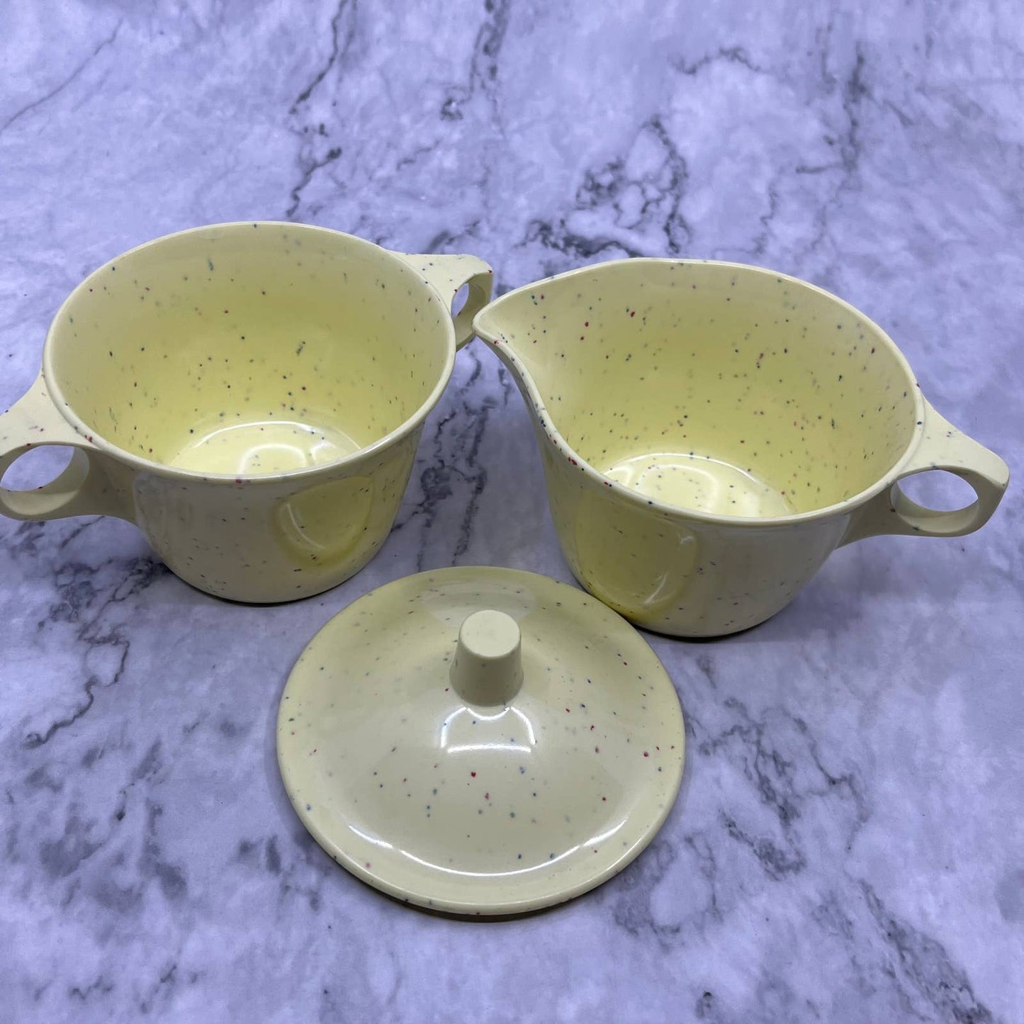 VTG Imperial Ware Speckled Confetti Yellow MCM Cream & Sugar Melmac Malamine TA3