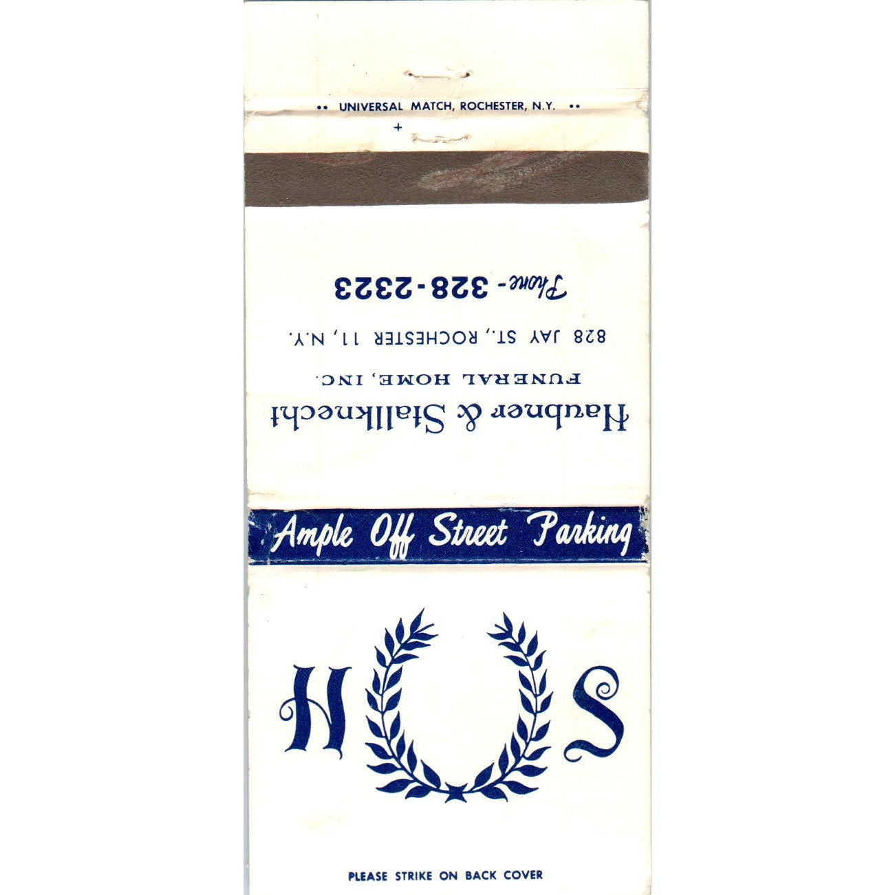 Haubner & Stallknecht Funeral Home Rochester NY Advertising Matchbook MM9-6