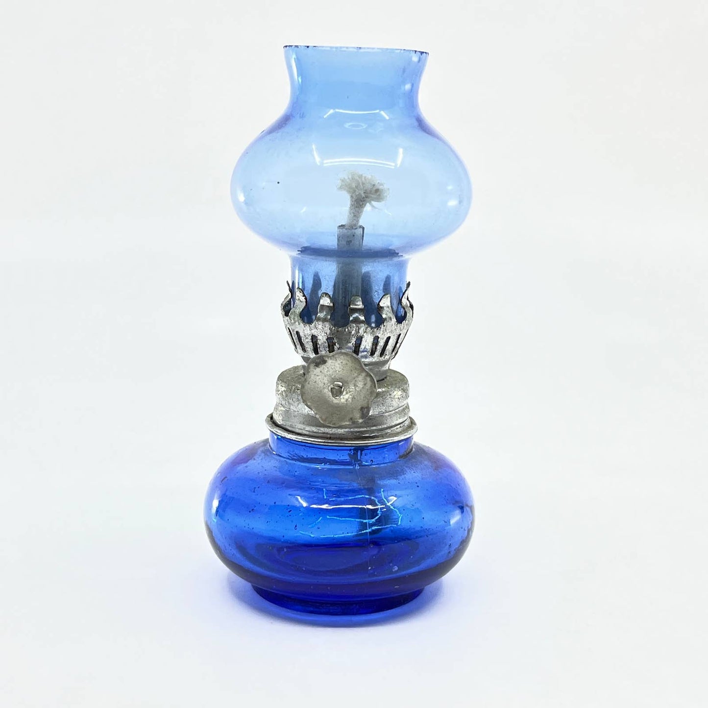 Vintage Mini Cobalt Blue Glass Kerosene Oil Lamp 4.5" TC7-1