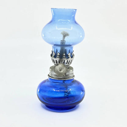 Vintage Mini Cobalt Blue Glass Kerosene Oil Lamp 4.5" TC7-1