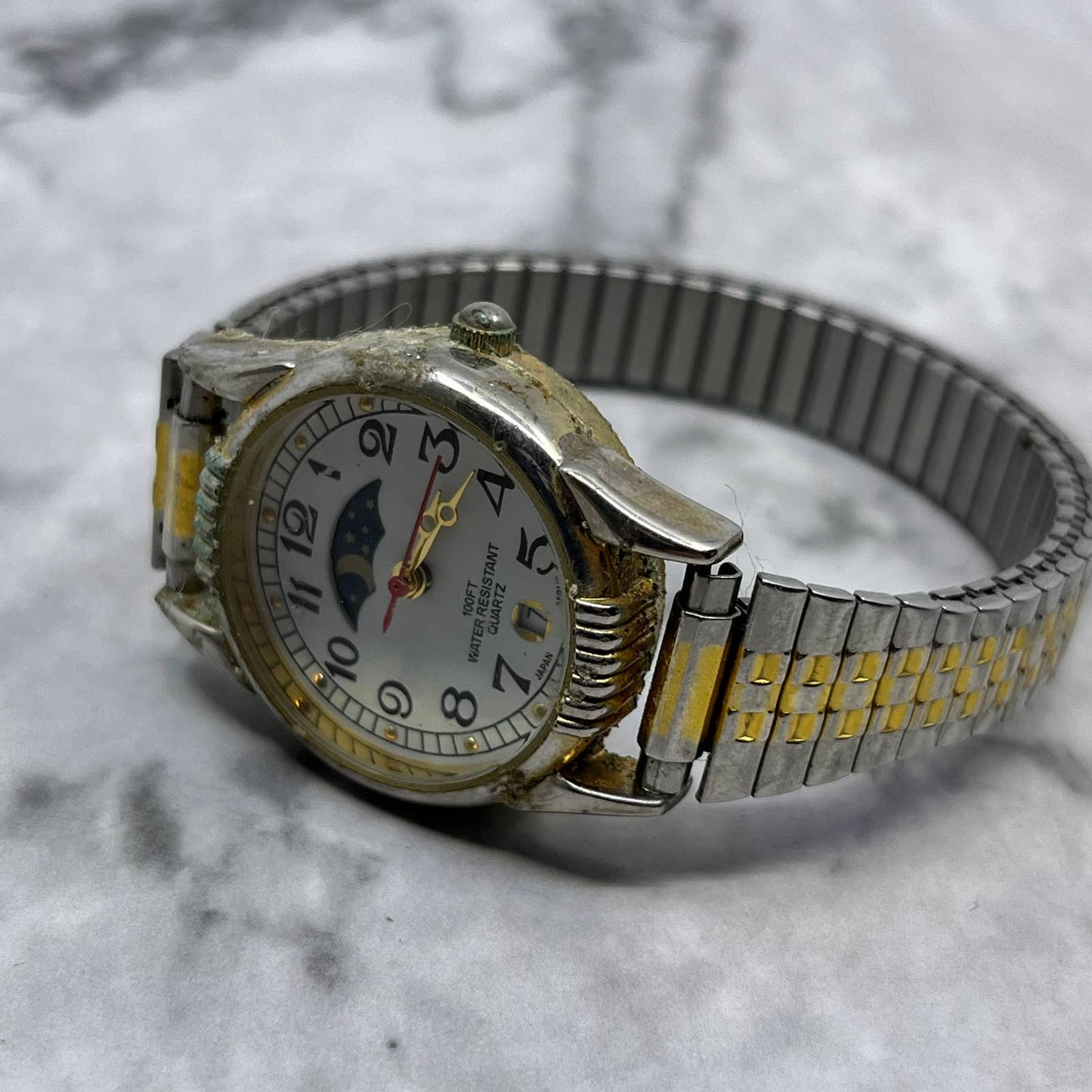 Vintage Moonphase Ladies Watch Metal Stretch Band UNTESTED SE6