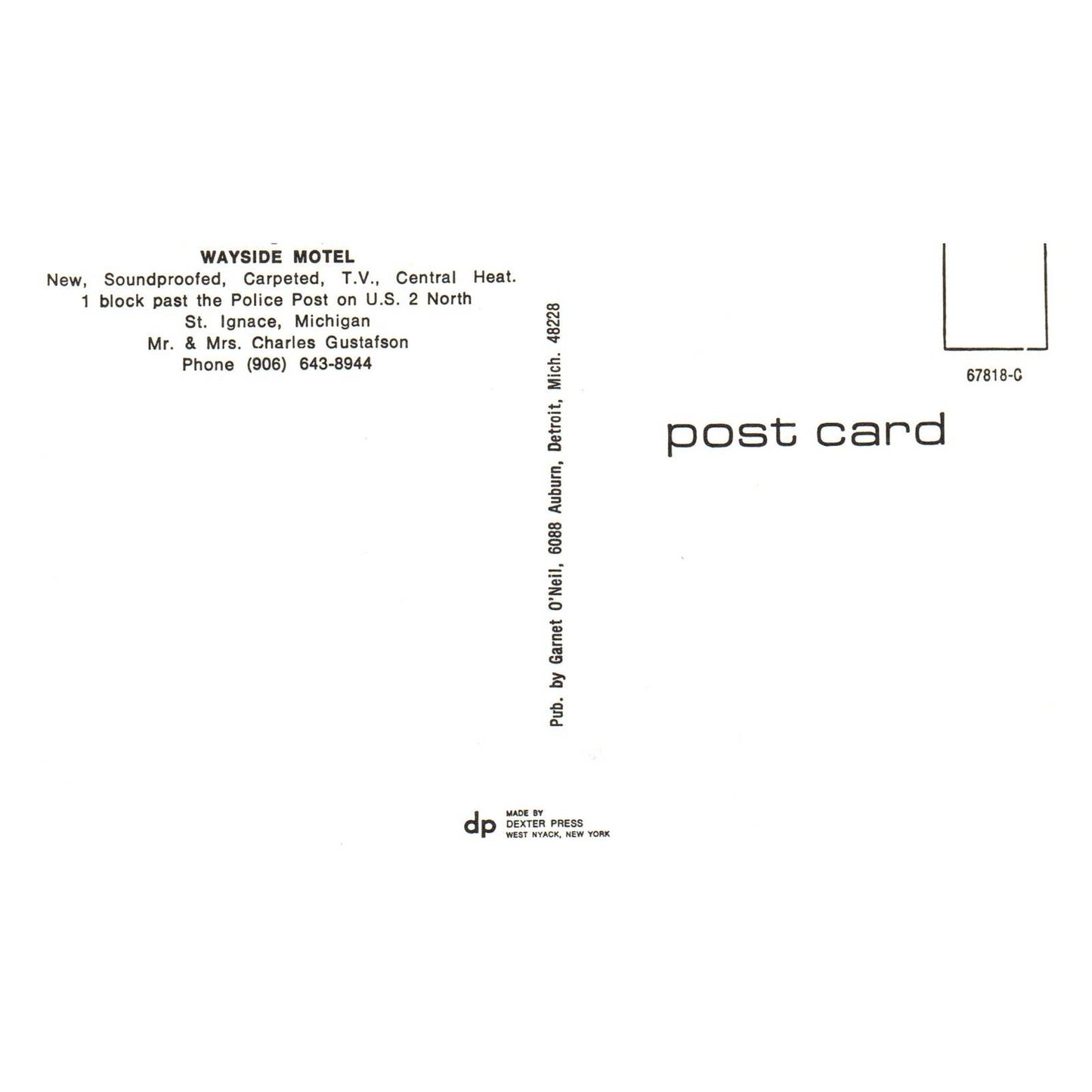Vintage Postcard - Wayside Motel St. Ignace Michigan Charles Gustafson TJ7-1