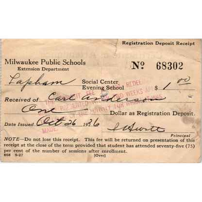 1936 Milwaukee Public Schools Certificate of Attendance Milwaukee WI SE5