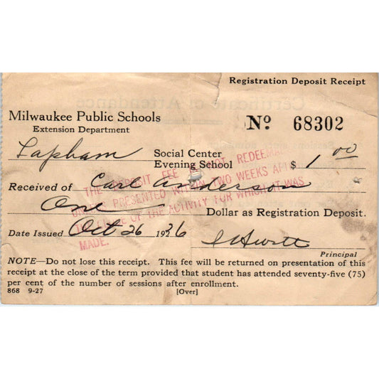 1936 Milwaukee Public Schools Certificate of Attendance Milwaukee WI SE5