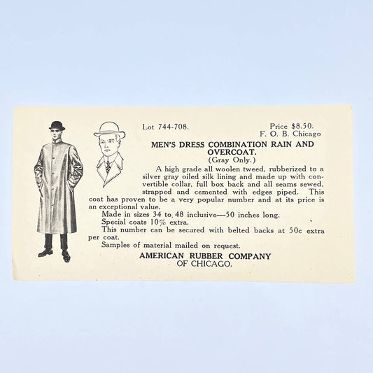 1920s Advertising Leaflet Men's Dress Overcoat American Rubber Co Chicago AC1