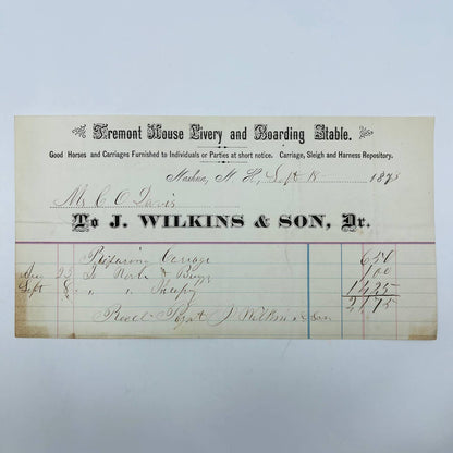 1873 J Wilkins Fremont House Livery Stable Nashua NH Letterhead Billhead AA5