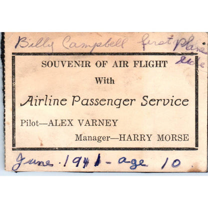 1941 Airline Passenger Souvenir Card Alex Varney Harry Morse Billy Campbell SE5