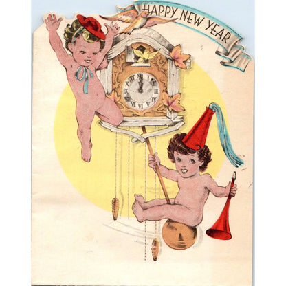 1940s Greeting Card - New Year Cherubs on Cuckoo Clock SF2