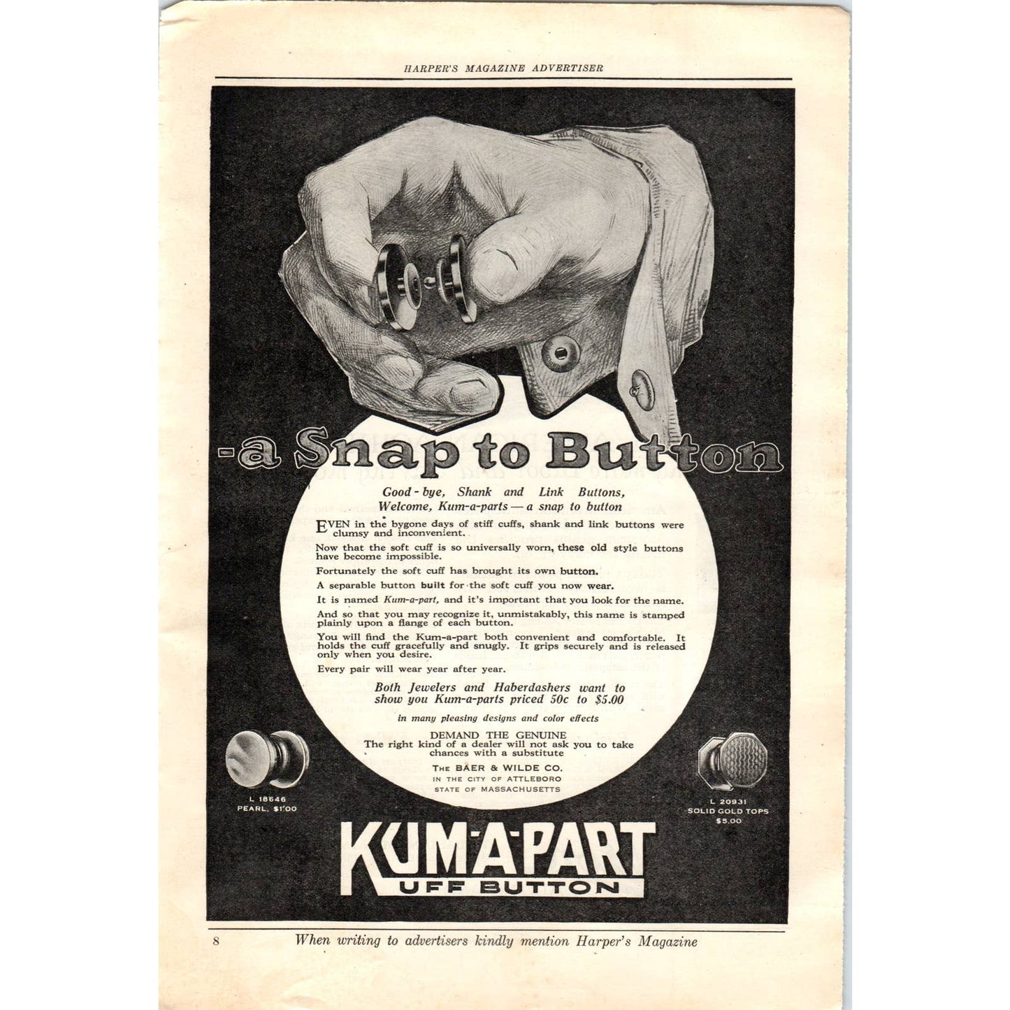 c1920 Harper's Magazine Ad - Kum-A-Part Kuff Button Baer & Wild Co TF6-1