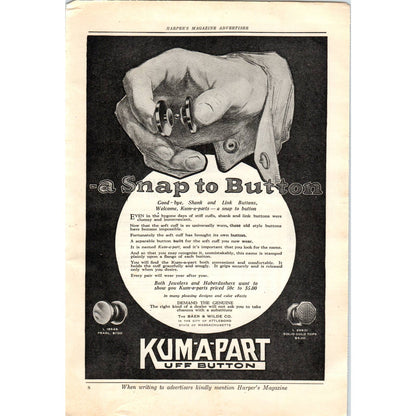c1920 Harper's Magazine Ad - Kum-A-Part Kuff Button Baer & Wild Co TF6-1
