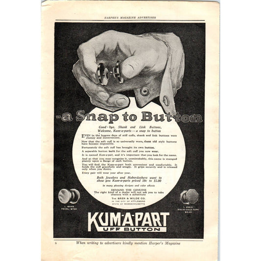 c1920 Harper's Magazine Ad - Kum-A-Part Kuff Button Baer & Wild Co TF6-1