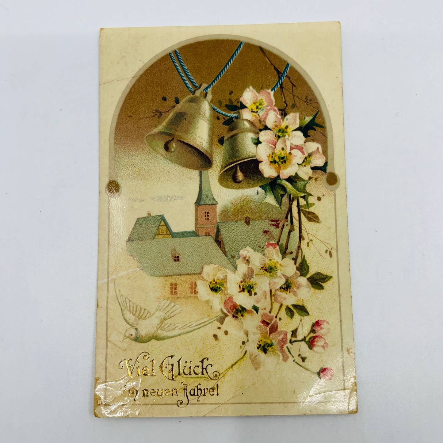 1910s Christmas New Year’s Post Card Viel Glück Good Luck Dove Chapel Bells PA3