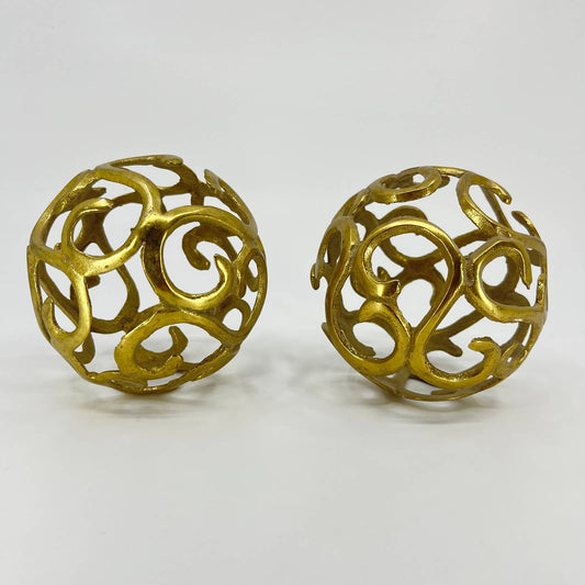 MCM Style Gold Tone Set of 2 Metal Sphere Table Sculpture Bauble Accent 3.5” TE1