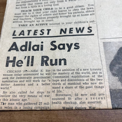 Vintage Cleveland News November 15, 1955 Airline Bomb Adlai Stevenson DeSoto B4