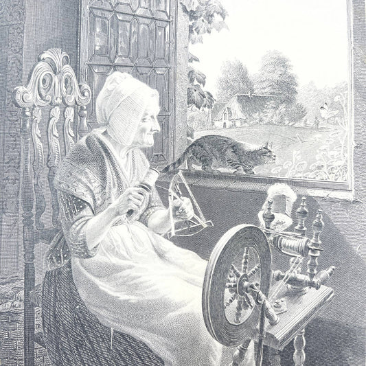 1864 Original Steel Art Engraving - The Butterfly Old Woman Cat Bruyker AC3