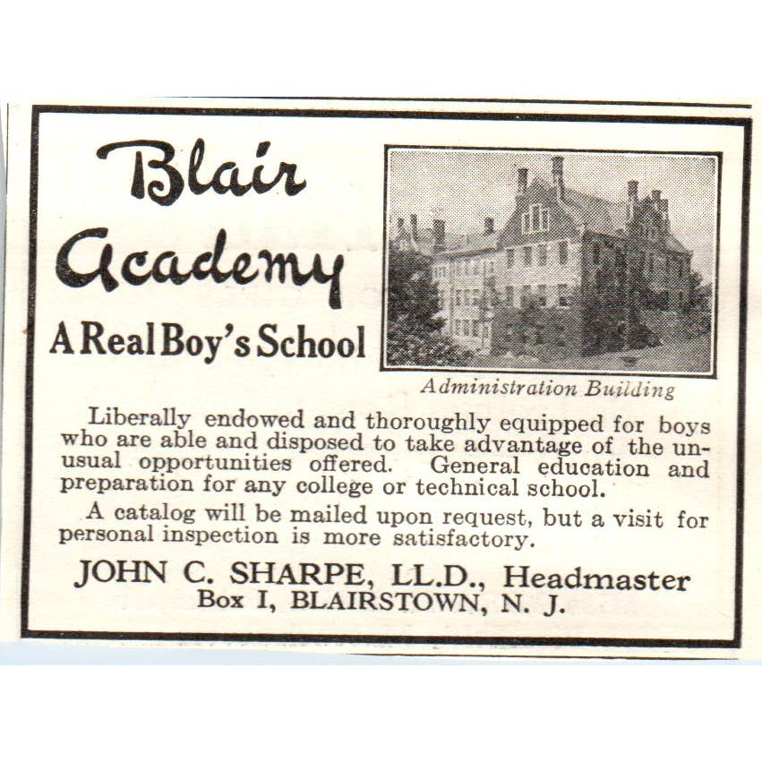 c1920 Harper's Ad - Blair Academy Boys School John C. Sharpe Blairstown NJ EA3-1