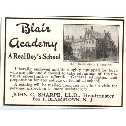 c1920 Harper's Ad - Blair Academy Boys School John C. Sharpe Blairstown NJ EA3-1