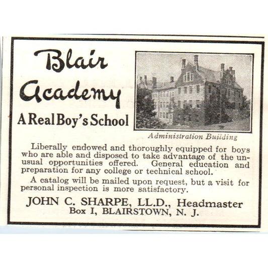 c1920 Harper's Ad - Blair Academy Boys School John C. Sharpe Blairstown NJ EA3-1