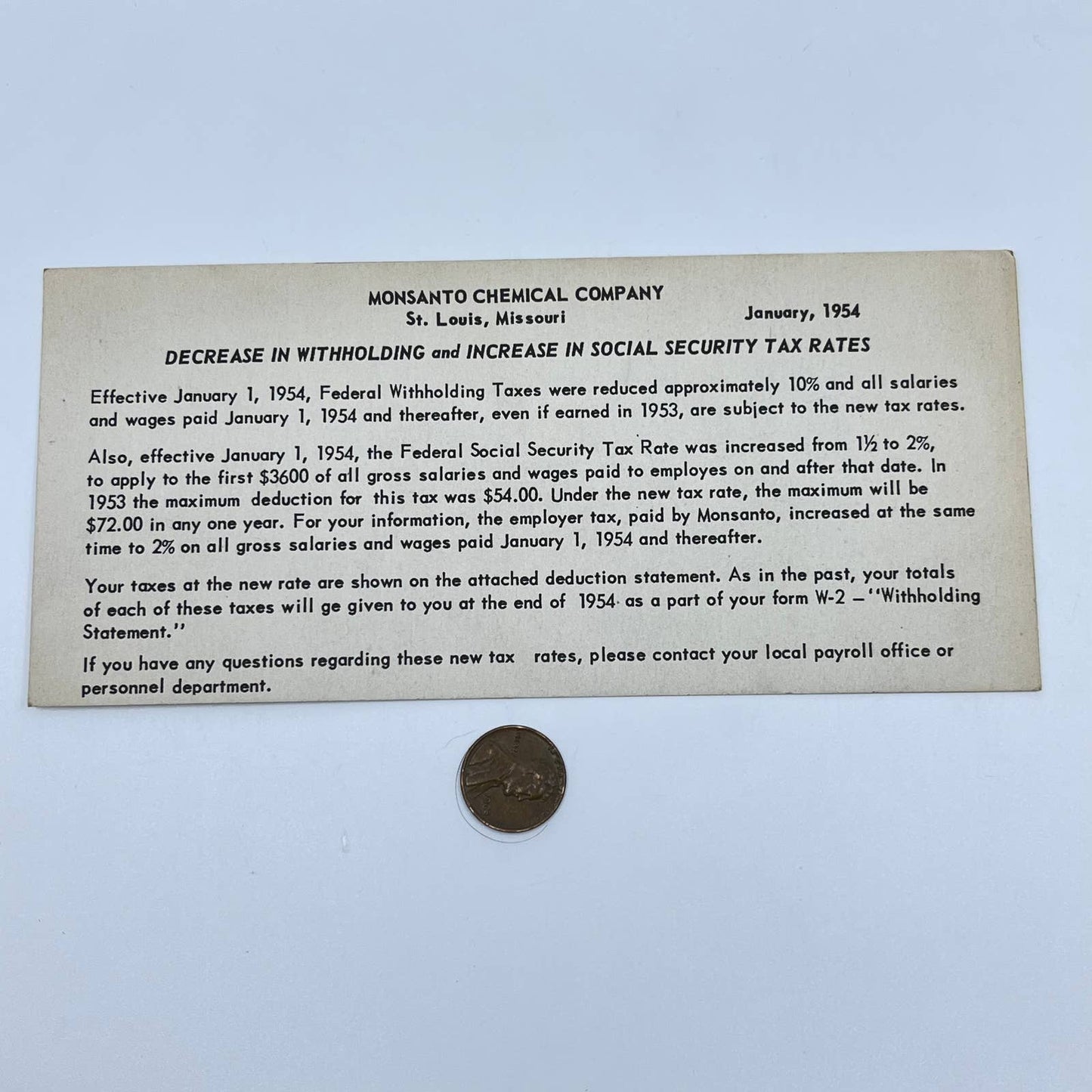 1954 Monsanto Chemical Company Tax Rate Increase Card St. Louis MO AB2