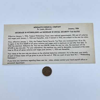 1954 Monsanto Chemical Company Tax Rate Increase Card St. Louis MO AB2