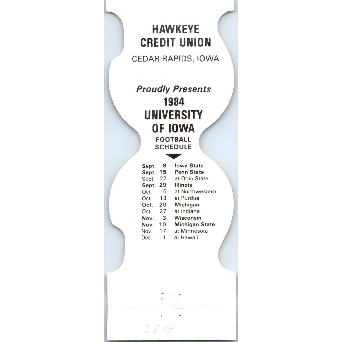 1984 Iowa Hawkeyes Helmet Football Schedule Matchbook Cover SA1-M4