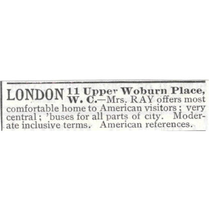 London Boarding House 11 Upper Woburn Place W.C. Mrs. Ray - 1903 Ad AK5-S32