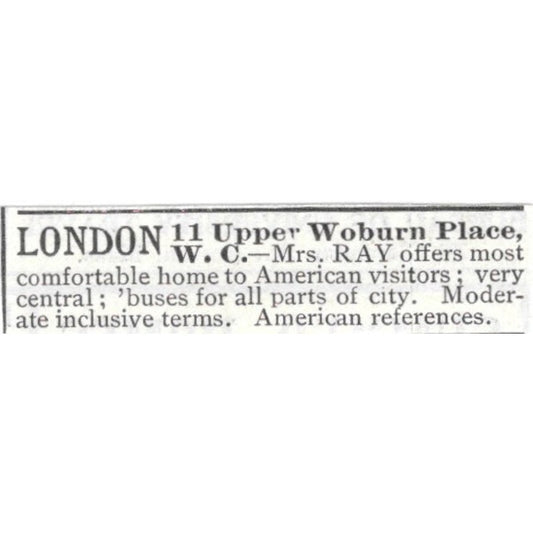 London Boarding House 11 Upper Woburn Place W.C. Mrs. Ray - 1903 Ad AK5-S32