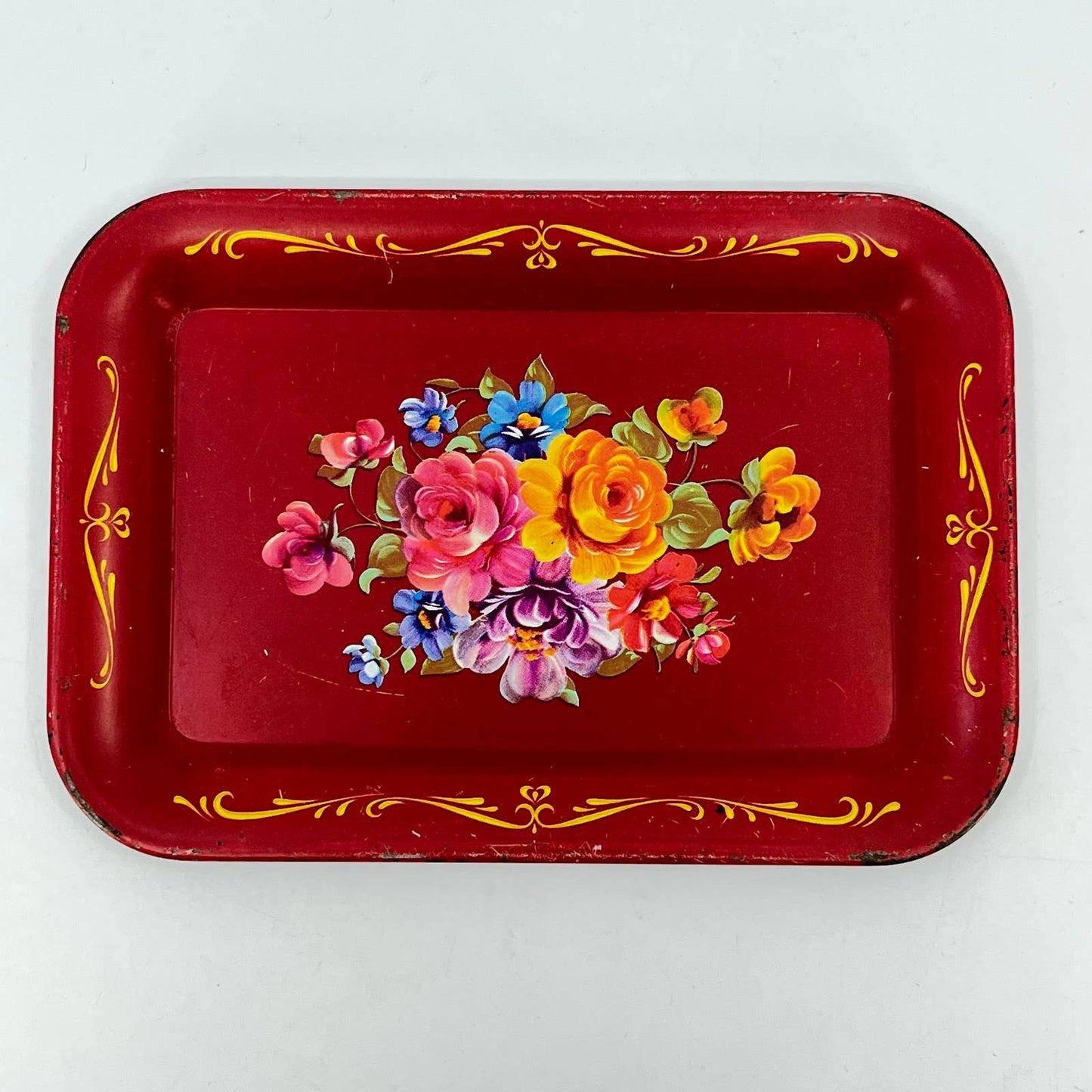 Vintage Toleware Small Tin Enamel Tray Red Floral 6 1/2” TE7