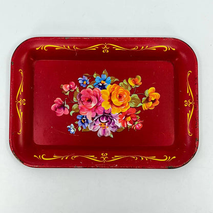 Vintage Toleware Small Tin Enamel Tray Red Floral 6 1/2” TE7