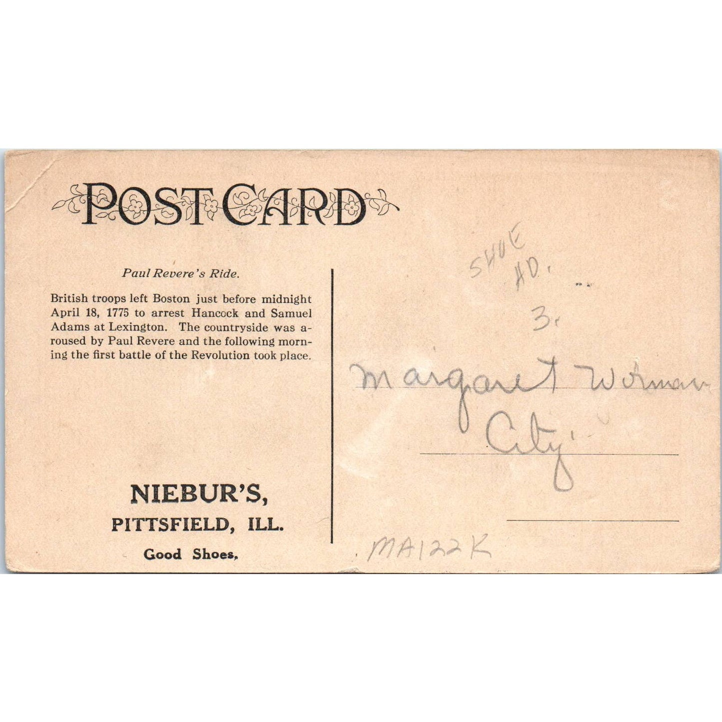 Paul Revere's Ride Leo Niebur's Shoes Pittsfield IL Original Postcard TK1-23