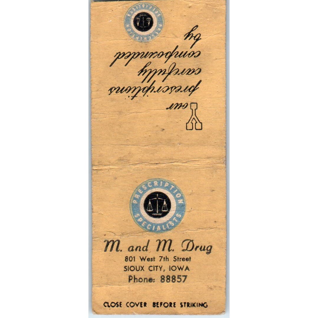 M&M Drug Pharmacy Sioux City Iowa Advertising Matchbook Cover SA9-M2